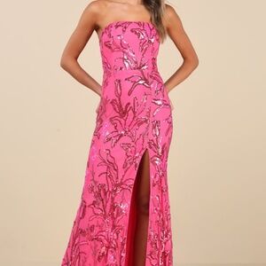 Lulus Shimmering Icon Hot Pink Sequin Lace-up Strapless Maxi Dress - Size XL